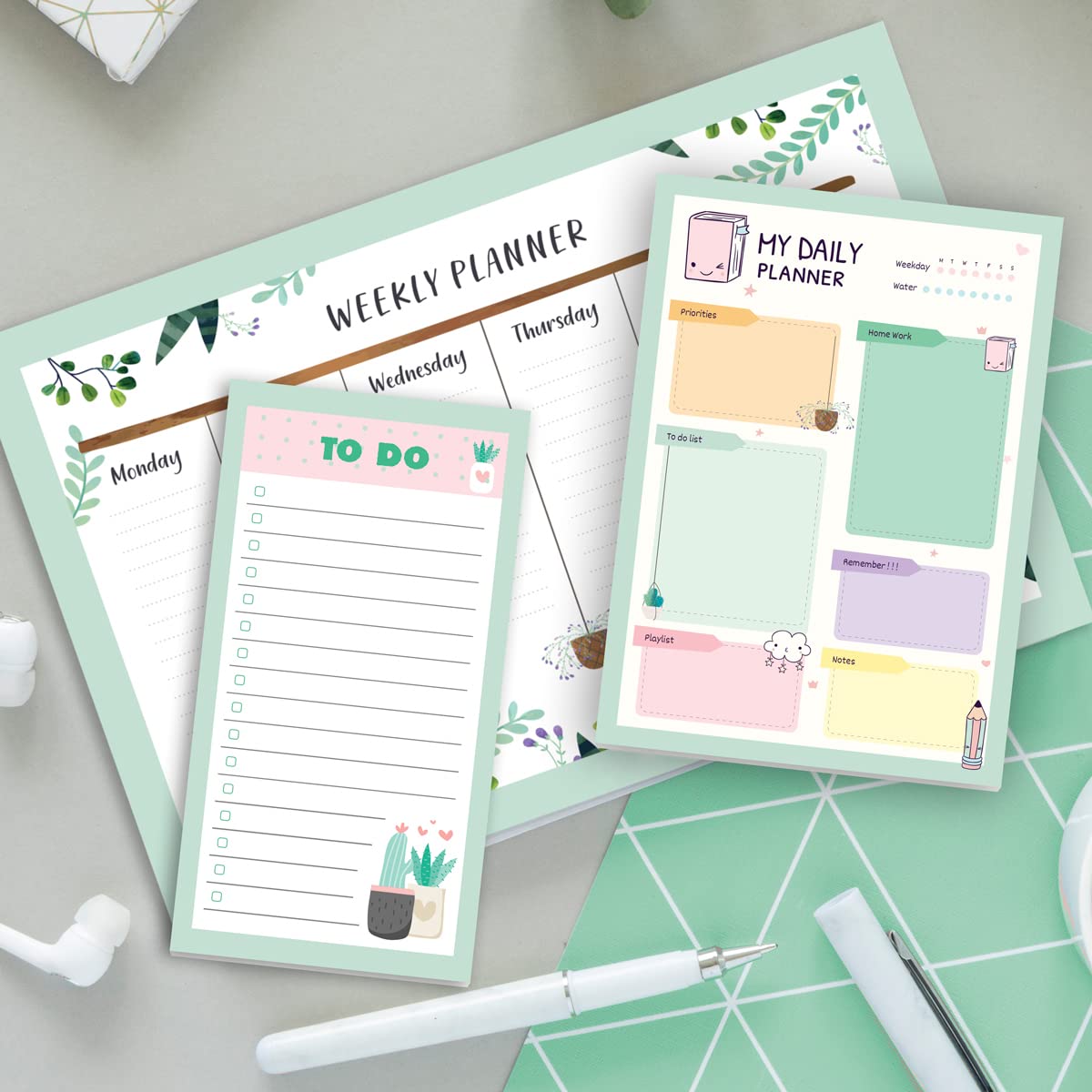 colortouch Haftalık, Günlük Planlayıcı Set - 50 Sayfa Tarihsiz Masaüstü Planner - Gençler, Kızlar, Yetişkinler için To Do List - 3 Parça - Green Serisi