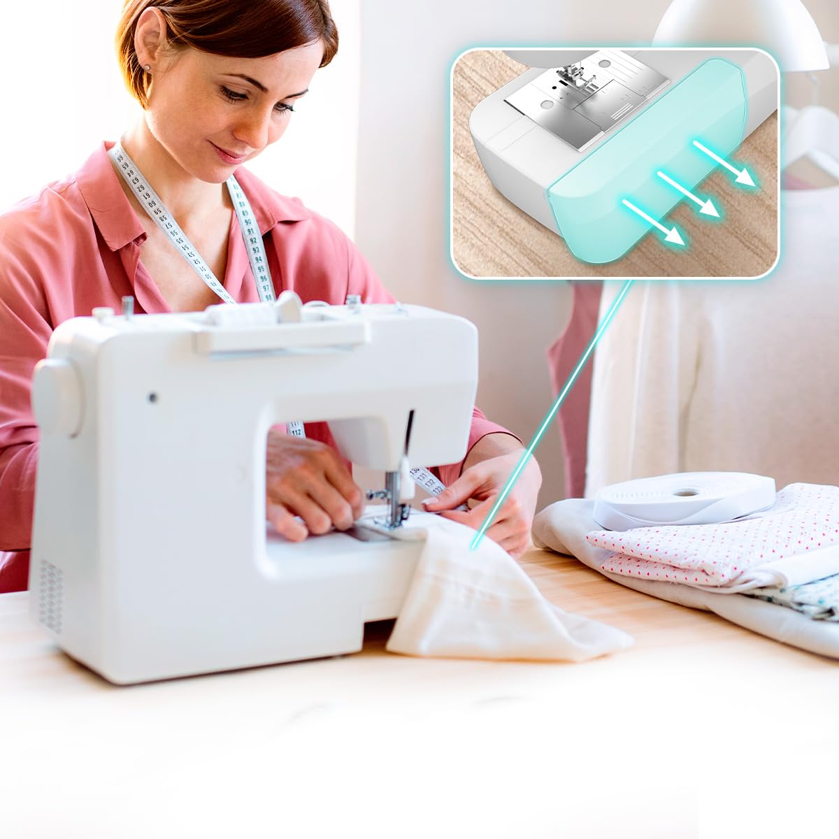 Cecotec Elektryczna maszyna do szycia BelleCouture 1500. 15 ściegów do szycia, początkujący, 4-suwowy ręczny Ojal, regulowane napięcie, LED, akcesoria w zestawie, idealna dla początkujących