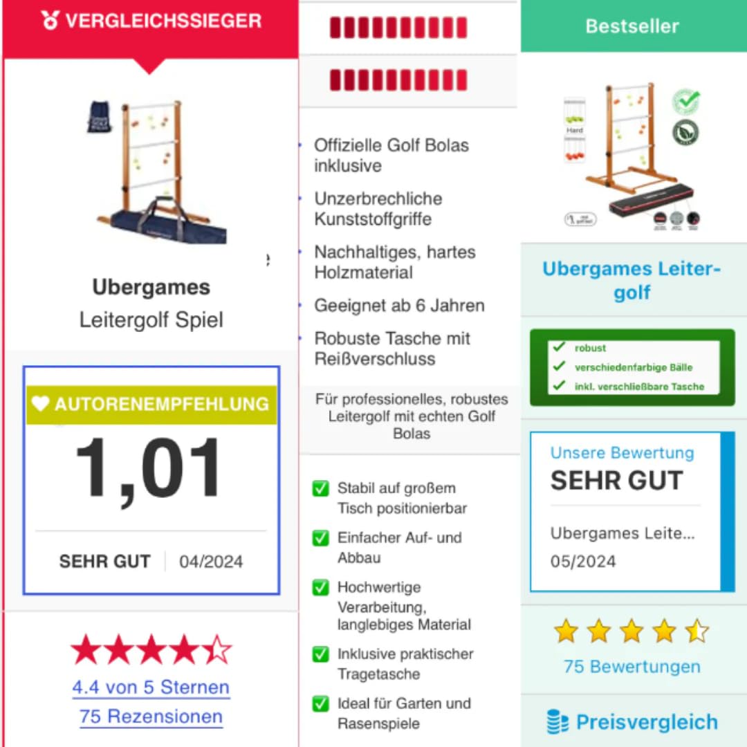 Leitergolf Set professionelle Qualität mit Holzgestell, Weiche Bolas in 4 Farben, Luxus Tragetasche, Premium Outdoor Spiel, offiziell und turniertauglich