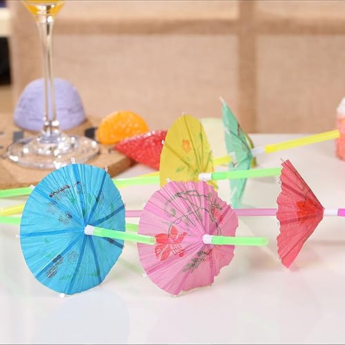 Miniatura 6 de 100 popotes desechables en forma de paraguas, flexibles, flexibles, para decoración de mesa, para bebidas tropicales hawaianas, refrescos, cócteles,