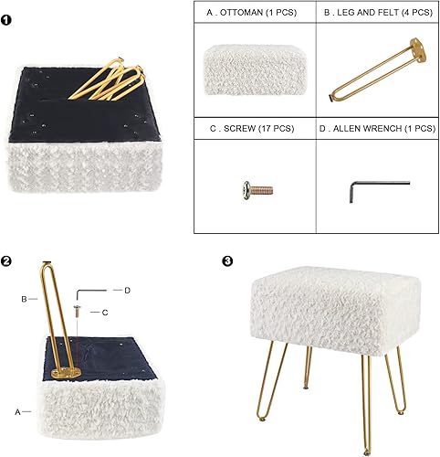 Miniatura 7 de SCRIPTRACT Moderno taburete cuadrado de visón, banco otomano con patrón de flores, de piel sintética peluda con patas de metal dorado para tocador,