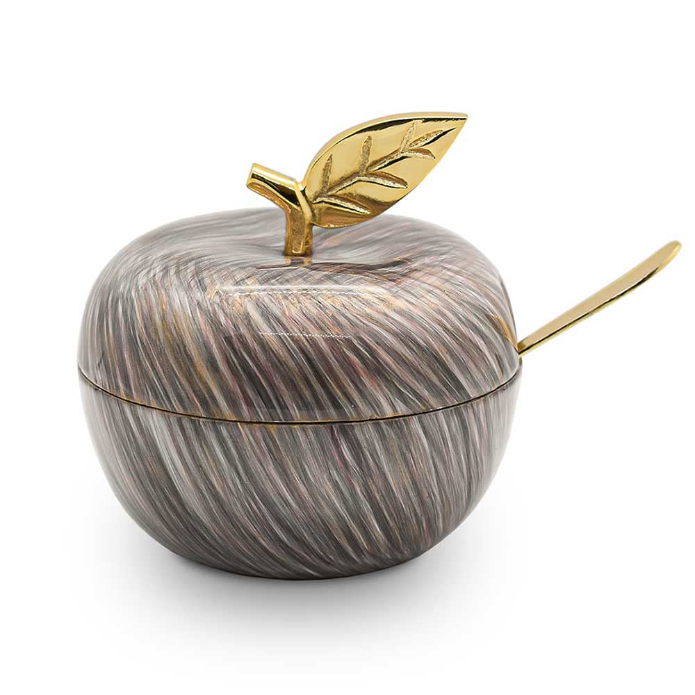 Zion Judaica Ltd Rosh Hashanah Apple Shaped Honey Jar Dish with Spoon for Apple Dipping Elegant Honey Pot Nickel Plated with Permanent Design Decal Jewish New Years Decorations