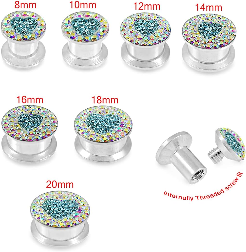 Aqumarine Heart on Rainbow Multi Crystal Stones 316L Surgical Steel Internally Threaded Flesh Tunnel Ear Gauge Body Piercing Jewelry