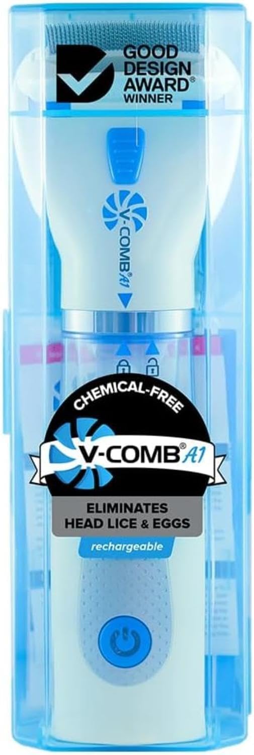 Eliminates lice and eggs (White & Blue) with an electronic head lice remover and head lice comb that outperforms other head lice combs and lice shampoo.