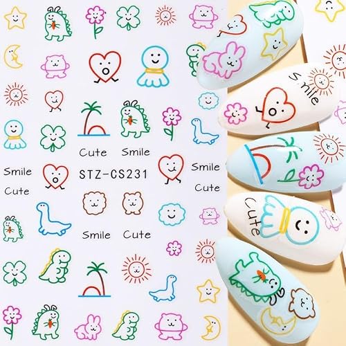 2 Sheets Cute Nail Art Stickers Animals Flowers Heart Self Adhesive Fingernail Decal for Women Fun DIY Designs Nails Decoration Accessories