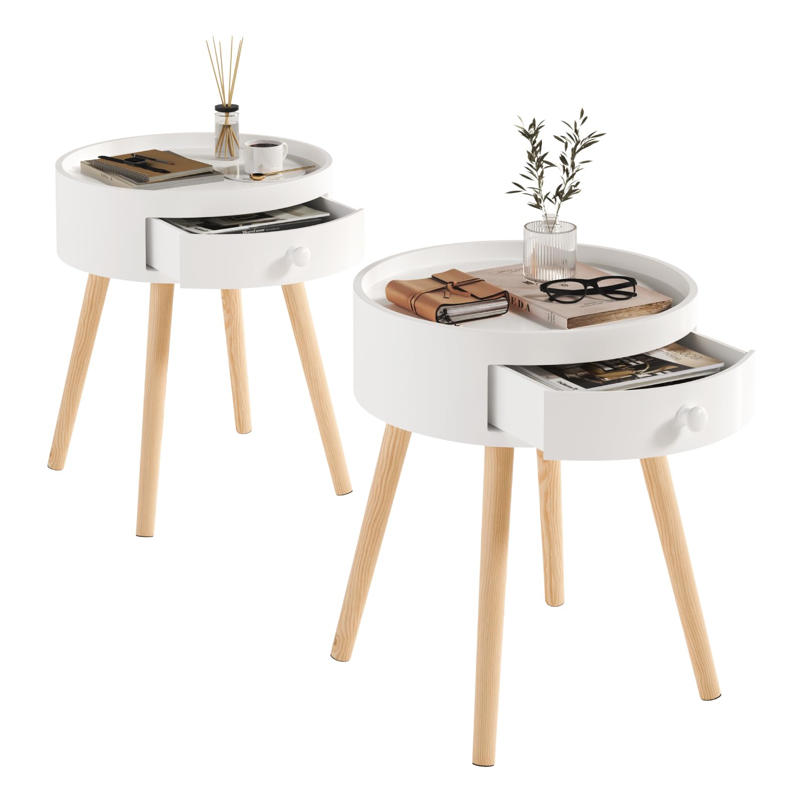 WOLTU 2X Mesita de Noche, Mesa de Centro Patas de Madera Maciza, Mesa Redonda con Cajón, Mesita Auxiliar de Dormitorio y Salon, Mesilla Blanca, φ38x45,5 cm, TS111ws-2
