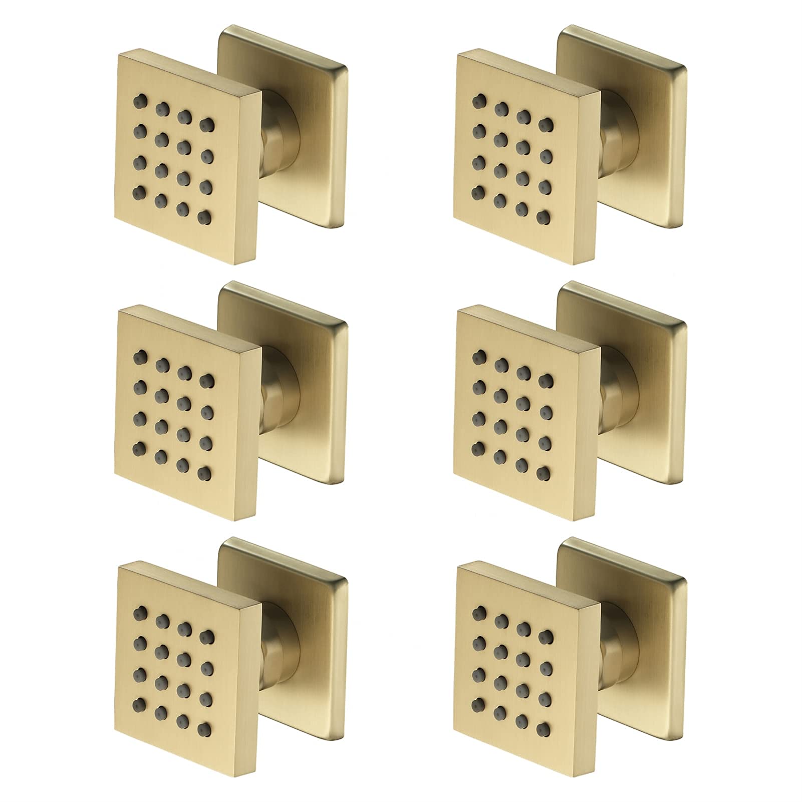 Chorros de ducha de color dorado cepillado, 2 pulgadas, cuadrados, de latón, rociador lateral montado en la pared, ajustable, 4 unidades (6 piezas)
