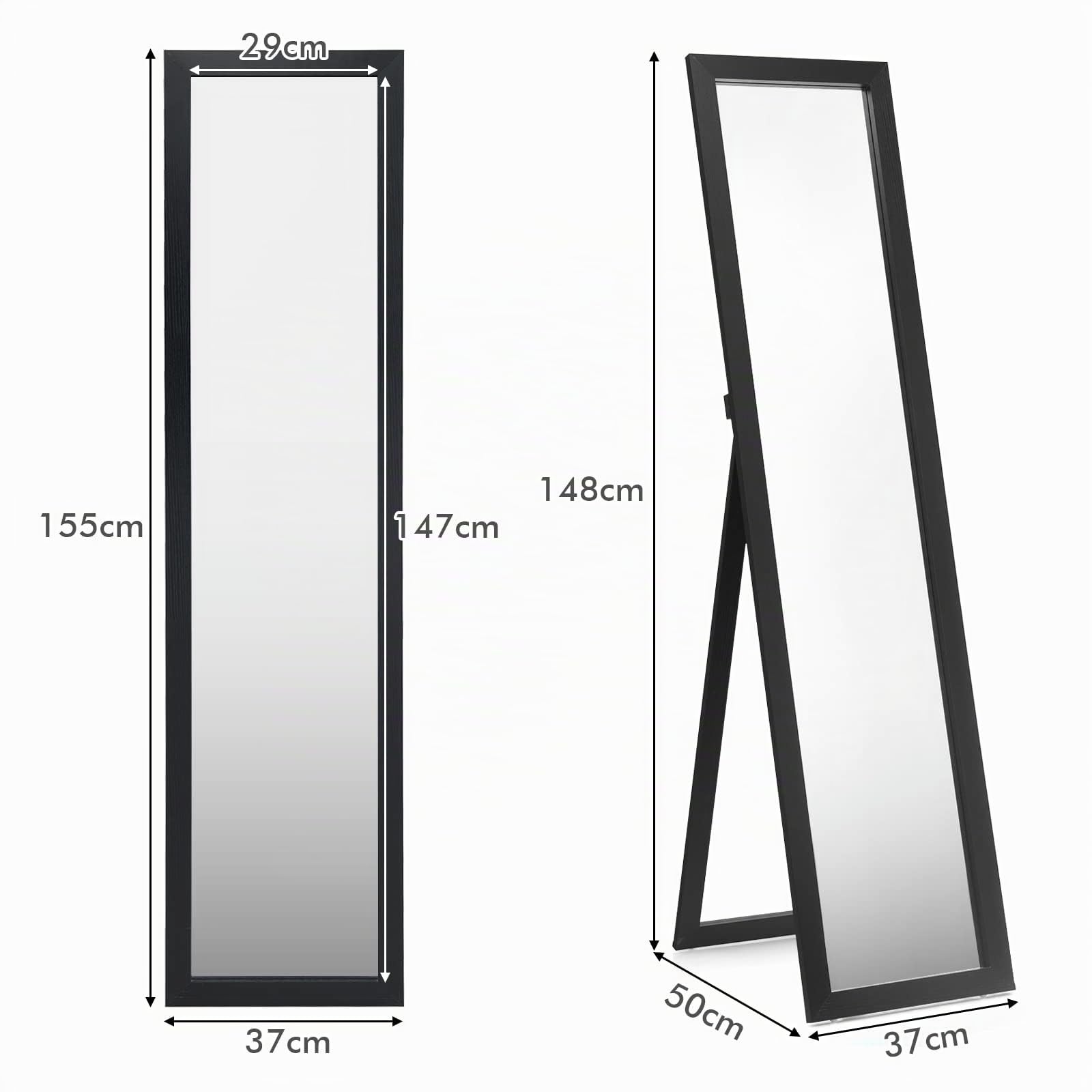 COSTWAY 2 IN 1 Ganzkörperspiegel, Standspiegel und Wandspiegel mit Holzrahmen, Ankleidespiegel 37 x 155cm, Garderobenspiegel für Schlafzimmer, Wohnzimmer und Eingangsbereich (Schwarz)