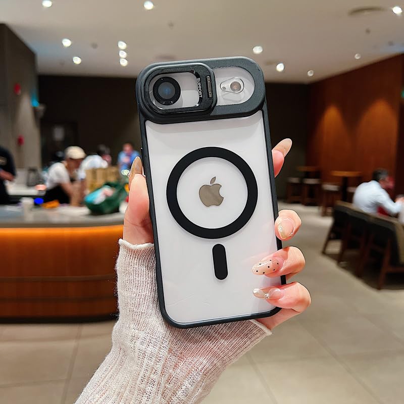 Image of LuxuryKase Clear Case Compatible with MagSafe for iPhone Air | Shockproof Transparent Cover with Camera Lens Protection | Metal Ring Stand & Wireless Charging Support - Black