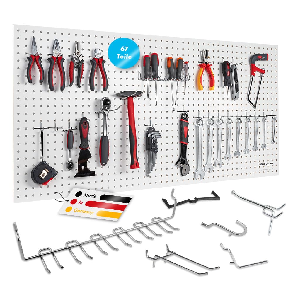 Pegboard Werkzeugwand aus Holz (MDF) inkl. 67-teiligem Hakenset - 120x60x0,5cm weiß/braun, Ø7mm Löcher & 25,4mm Lochabstand - für Werkstatt und mehr - FSC-zertifiziert & Made in Germany