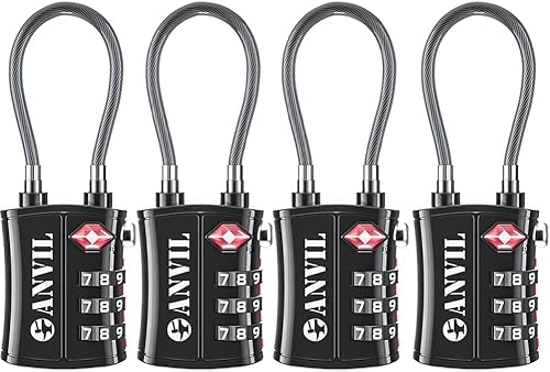 ANVIL Candado de combinación de 3 dígitos aprobado por la TSA con bloqueo de cable de acero de aleación de zinc, ideal para maleta de viaje,