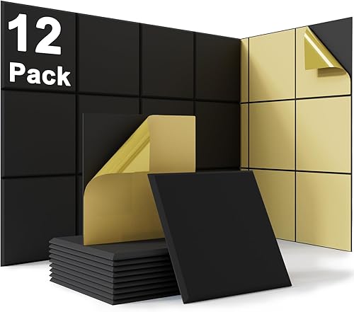 Paquete de 12 paneles acústicos con autoadhesivos, paneles de espuma a prueba de sonido de 12 x 12 x 0.4 pulgadas, paneles de sonido de alta