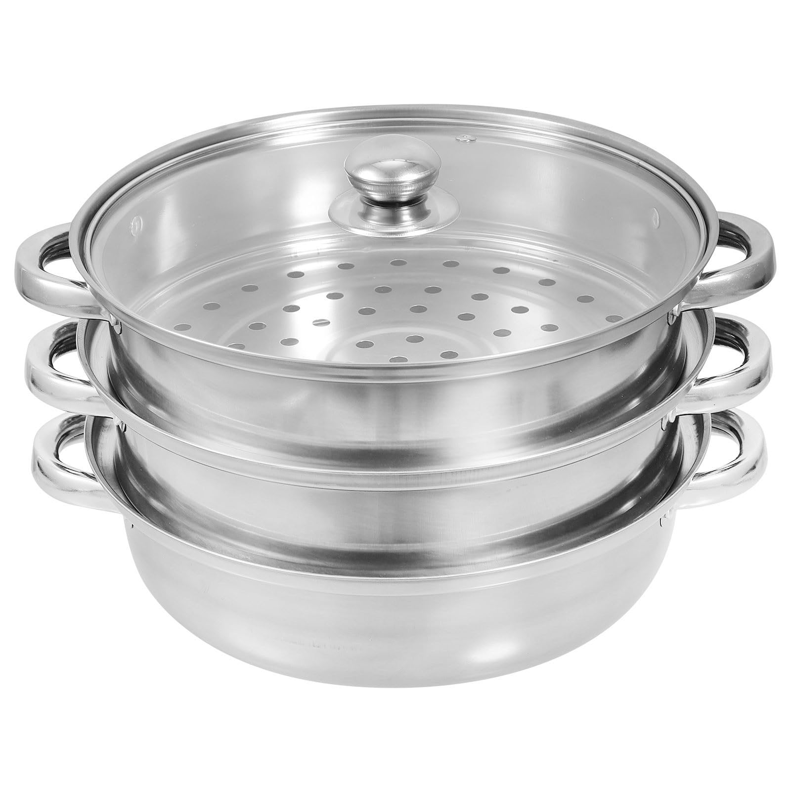 Dampfgarer aus Edelstahl 3-stufig mit Glasdeckel und Zwei Griffen Hitzebeständig und Praktisch für Schonendes Dämpfen von Gemüse und Speisen zu Hause