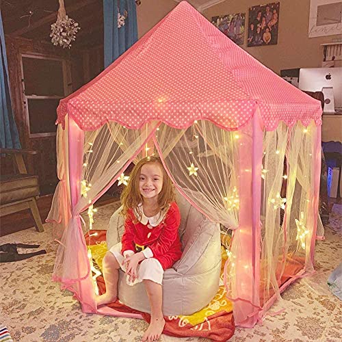 Image of BabyGo Kids Prince Princess Castle Tent for Kids | Theme Play Tent with Mosquito Net | Indoor Outdoor Playhouse | Lighting Tent House for Boys & Girls | 2-12 Years | (Pink)