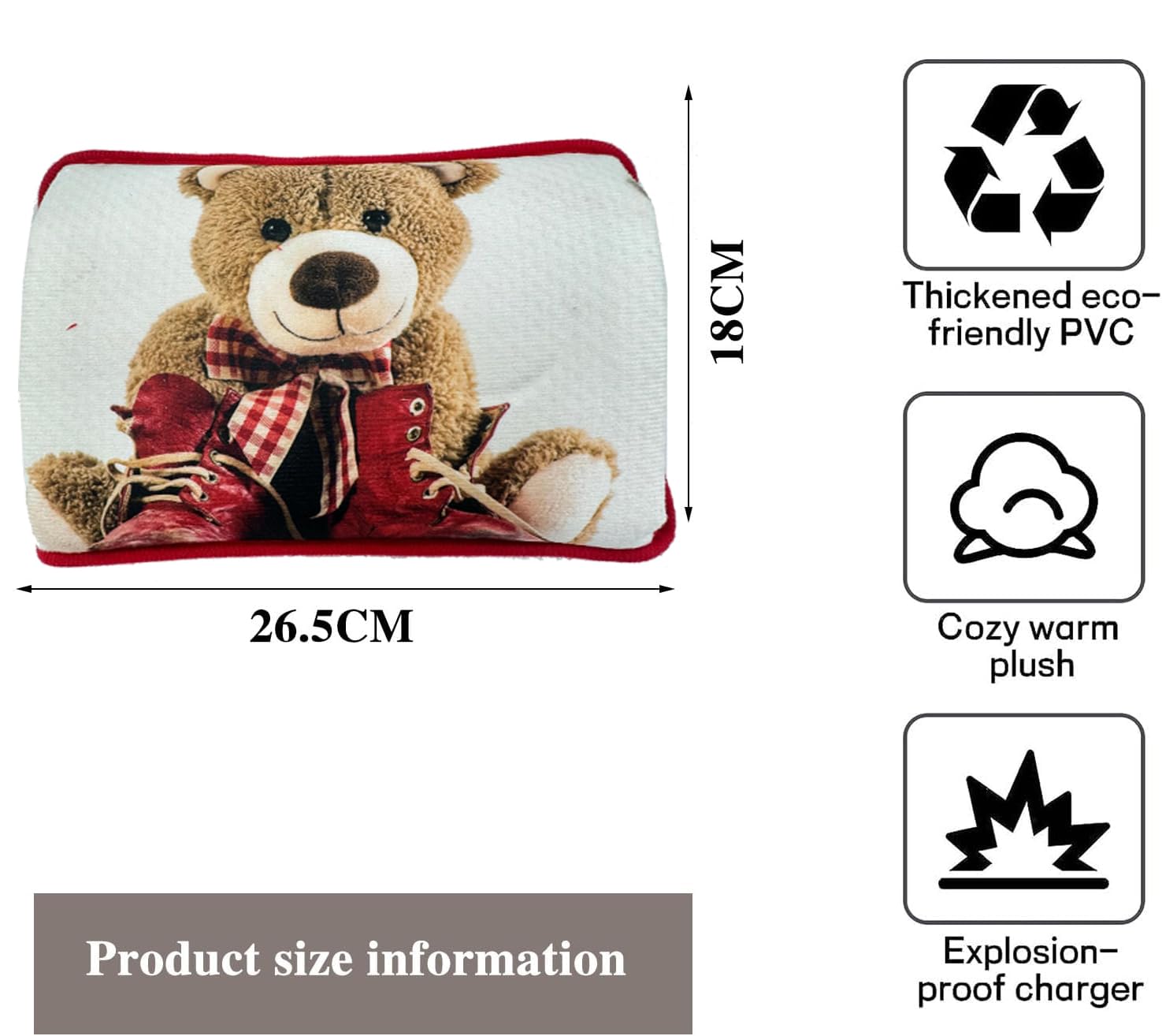 Borsa Acqua Calda Elettrica 500W con Morbida Fodera in Peluche, Temperatura Massima 75°C, Ideale come Scaldamani e Scaldapiedi, per Alleviare Dolori Muscolari, Dorsali e Mestruali (ORSO1)