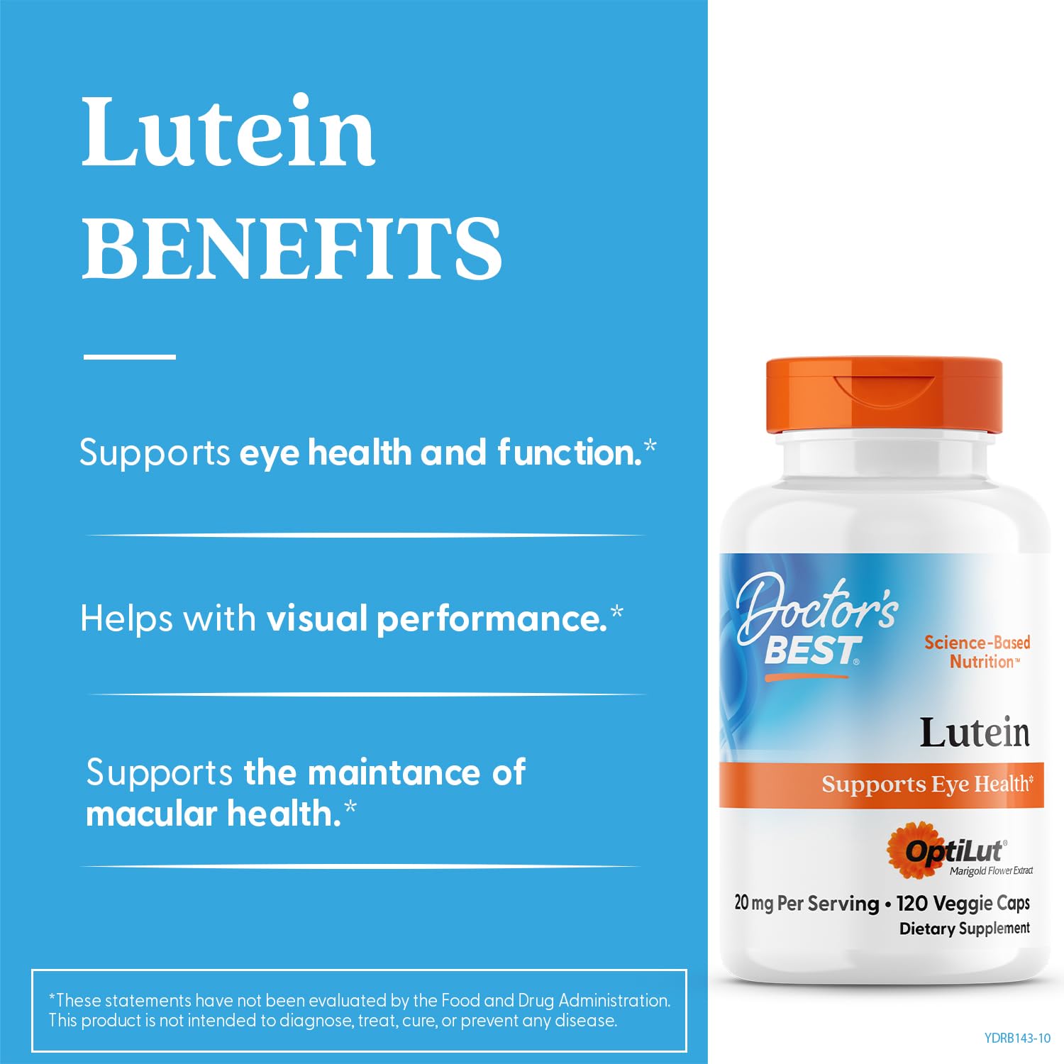 Doctor's Best Lutein Supplement 20mg with Trans Zeaxanthin - Lutein for Eyes, Eye Health Vitamins for Men & Women, Vision and Macular Health Support Capsules, OptiLut Marigold Flower - 120 Veg Caps