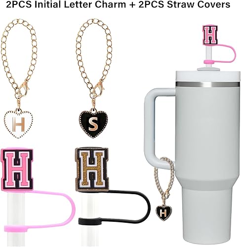Miniatura 2 de Stanley - Accesorios para tazas, 2 fundas de popote con letras Stanley con 2 dijes de letras para taza Stanley de 30 y 40 onzas, adorno de pajita