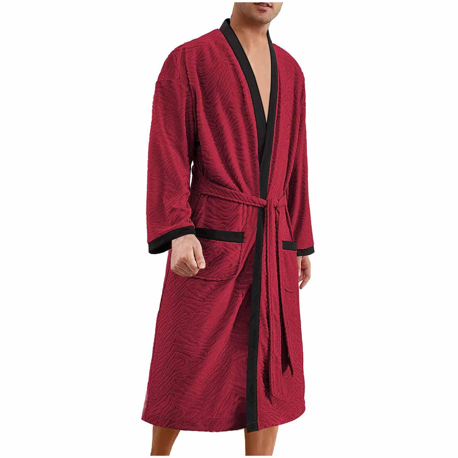 HAOLEI Albornoz Hombre de Rizo Batas Largo de Casa para Hombres Microfibra Bata Kimono Manga Larga Largos Ligero Ropa de Dormir con Cinturón y Bolsillos Suave Cómodo Albornoz Ducha Casual Pijama