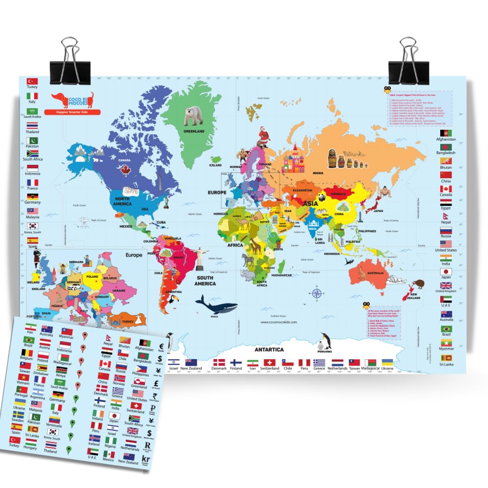 CocoMoco Kids World Map for Kids with Reusable Stickers, 24 x 36 inches Wall Poster with Countries, Flags, Continents - Geography for Kids, Stem Toy Activity Kit for 4-12 years boys girls