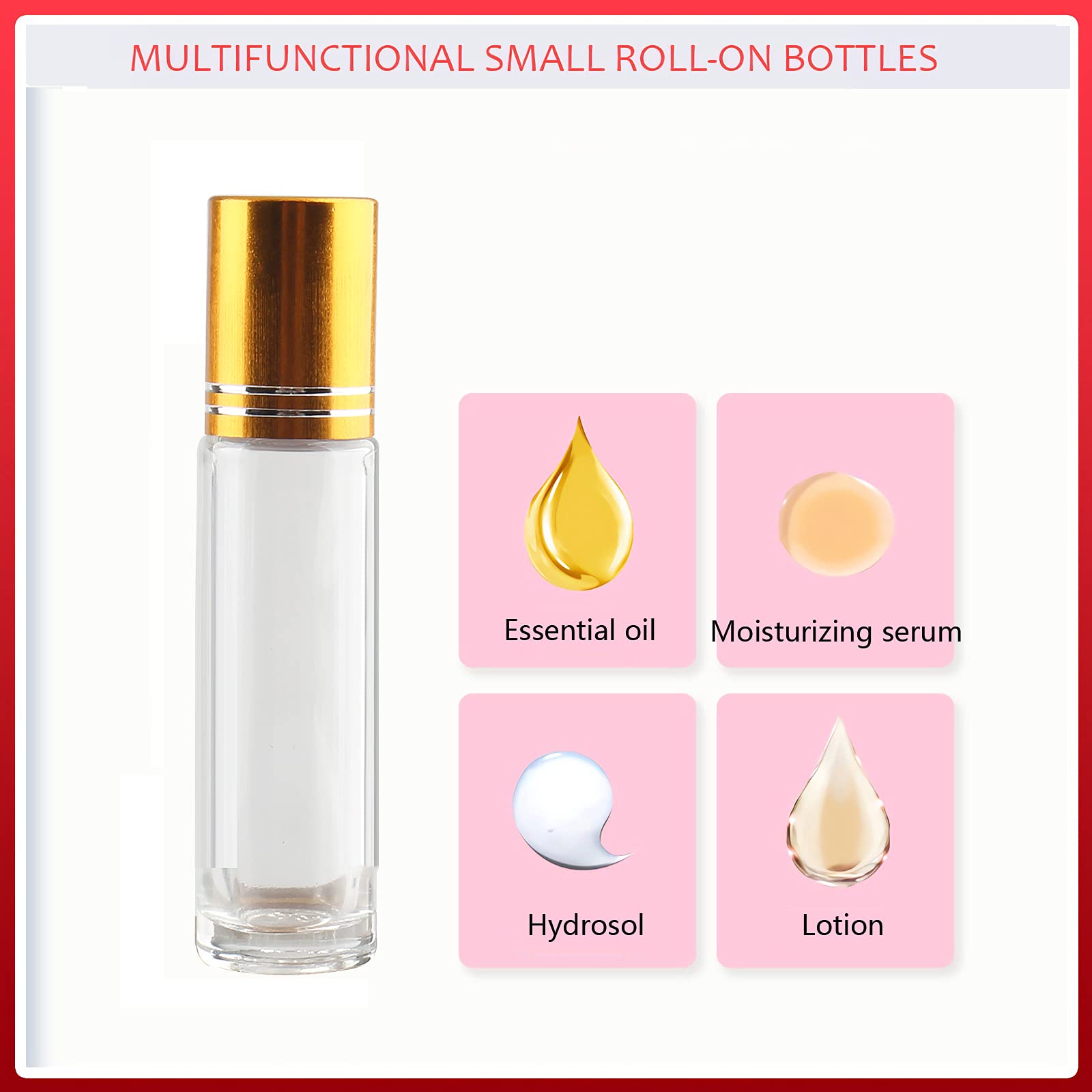 24 Stück Leere 10ml Transparent Glas Roller Flaschen mit Gold Alu Schraubverschluss, Roll-On Glasflaschen mit Glasroller für Ätherische Öle Essential Oil mit Trichter Öffner
