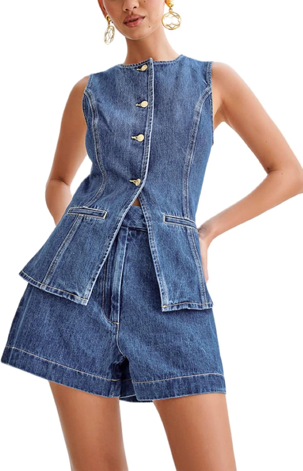 Barbotimer Zweiteiler Damen Sommer Denim High und Kurze Hose Set Y2k Jeansweste Ärmellos Damen Weste Jeansjacke Denim Shorts Denims Zweiteilig Outfits Elegant Lässig Enterprise