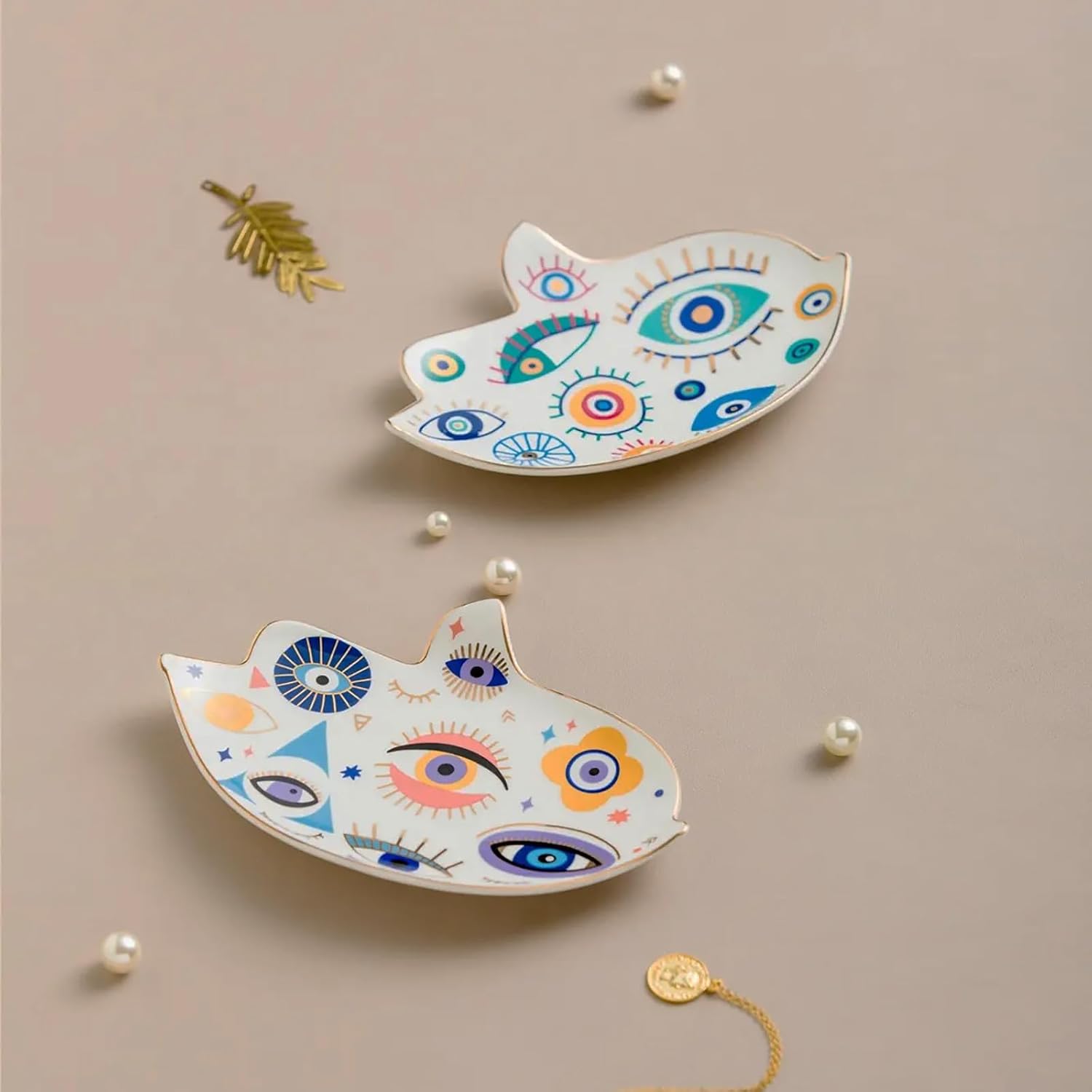 Stephanie Imports Ceramic Hamsa Evil Eye Trinket Jewelry Dish (Large, Colorful Eyes)
