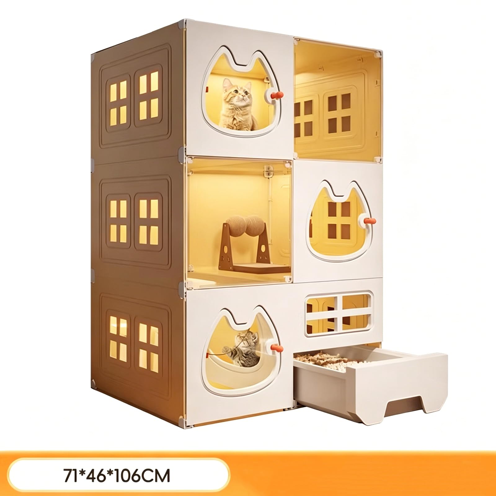 Gabbia per Gatti Da Interno a 3/4 Livelli Con Toilette Inclusa, Recinto per Esterni Con Cuccia, Lettiera, Paletta, Cuccia E Ciotola; Facile Da Montare (F-71x46x106cm)