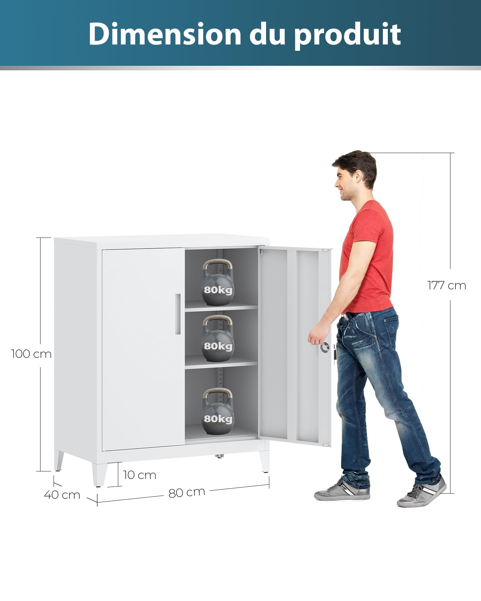 Armoire de Rangement en Métal, Armoire de Garage verrouillable avec 2 Étagères, de Bureau avec étagères Réglables, pour le Bureau, le Garage et la Buanderie, 40 x 80 x 100 cm, Blanc
