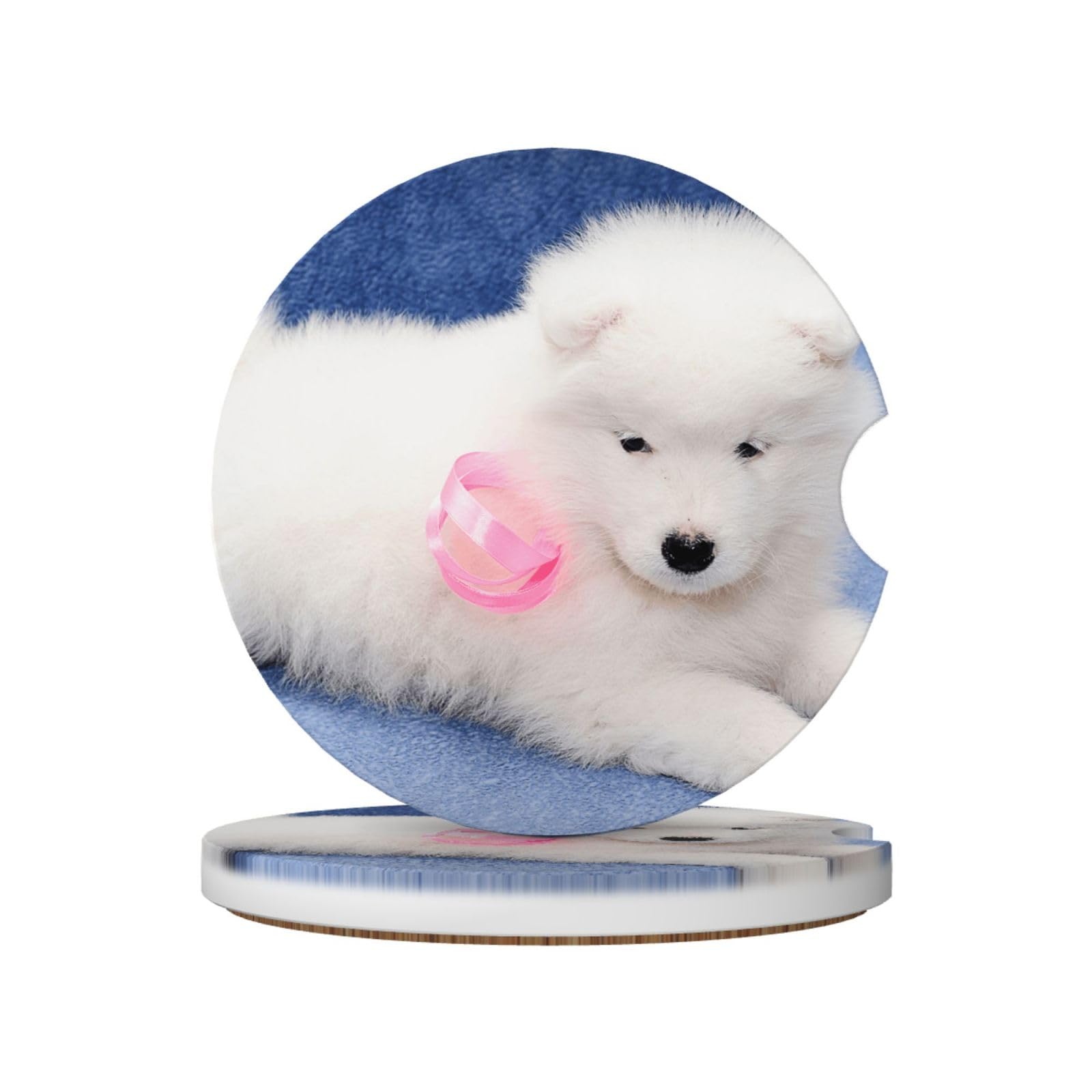 Samoyed Puppy White Dogs Puppy With Bow Furry, Car Cup Holder Coasters 2 Pack, Absorbent Ceramic Car Coasters with Non Slip Cork Base