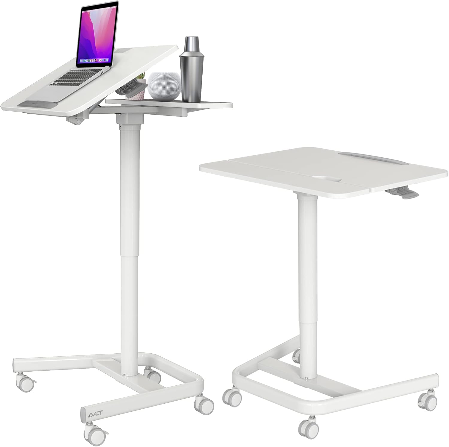 AVLT 47" Ambidextrous Mobile Standing Desk with Split Top Tilting Tray (3 ft 11 inches) - Pneumatic Laptop Cart - Rolling White Cart with Brake Casters