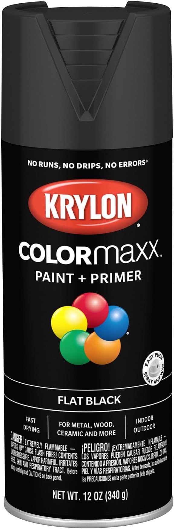 Krylon COLORmaxx Paint + Primer, Flat, Black, 12 oz