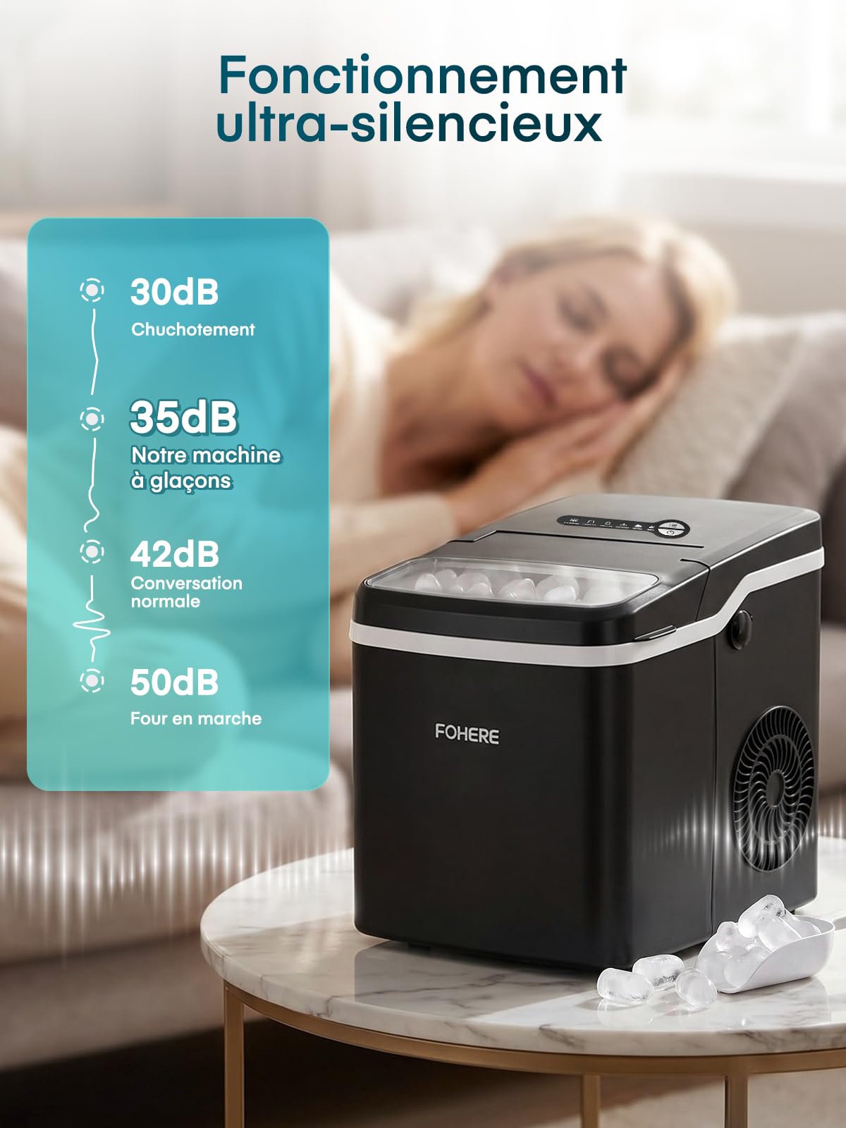 FOHERE Machine à Glaçons de Comptoir, 9 Glaçons en 5 Min, Capacité 14KG/24H, Machine a Glacons Compacte avec Fonction d’Auto-Nettoyage, 2 Tailles de Glaçons pour Maison, Cuisine, Camping, Bureau