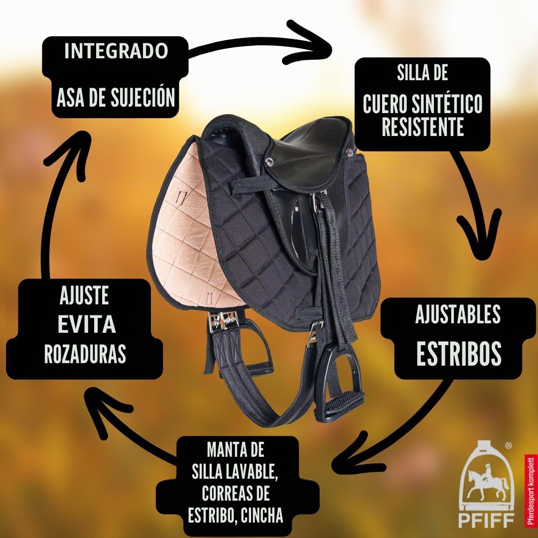 PFIFF 103106 - Juego Completo de sillín para niños Shettys o Caballos de Madera, Color Negro