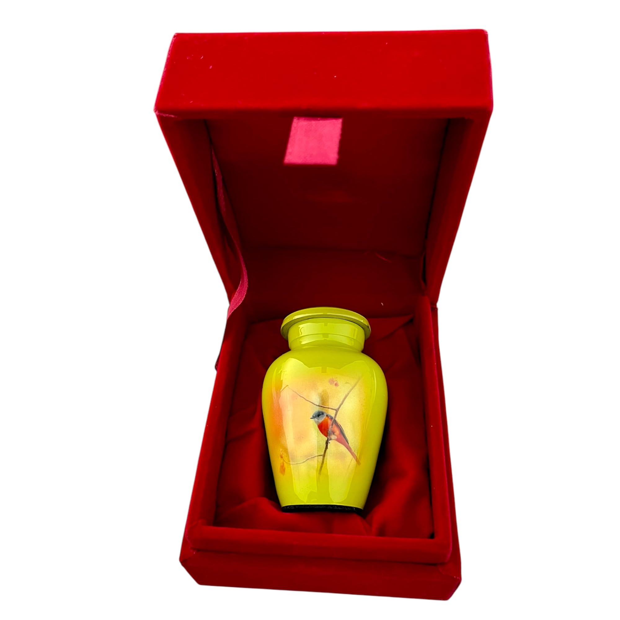 Decorative Small Cremation Urn with Bird Design, Yellow Aluminum Keepsake - Image 3