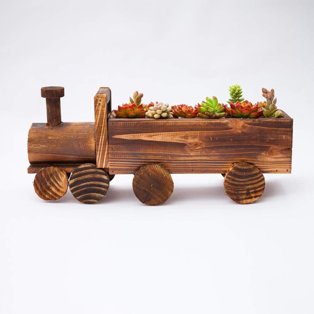 Train Flower Pot Handmade Retro Wooden Succulent Plant Potted Bonsai Planter Home Garden Decoration