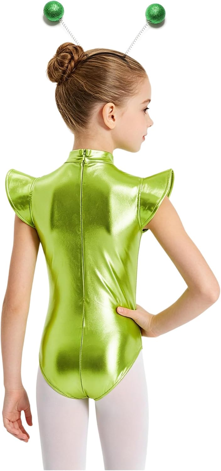 Girls Alien Space Costume Dress with Hair Hoop Set Fly Sleeve Glossy Metallic Leotard for Halloween