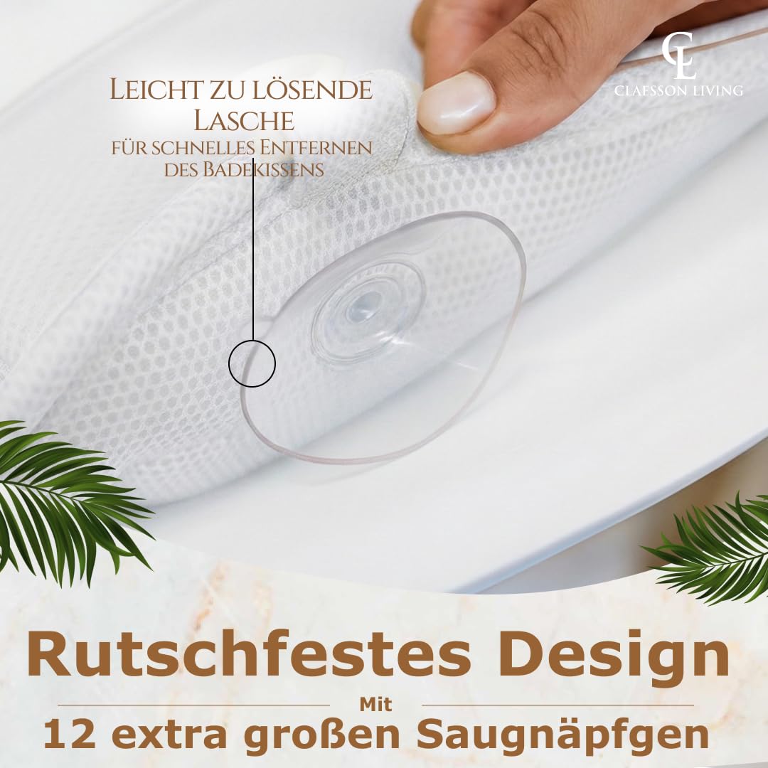 Badewannenkissen Ganzkörper Badekissen (126x41cm) - Badewannenmatte mit Kopfstütze (13cm) unterstützt Nacken, Rücken und Beine - Mit Wasch- und Reisebeutel und einem Hängehaken für Trocknen - Weiß