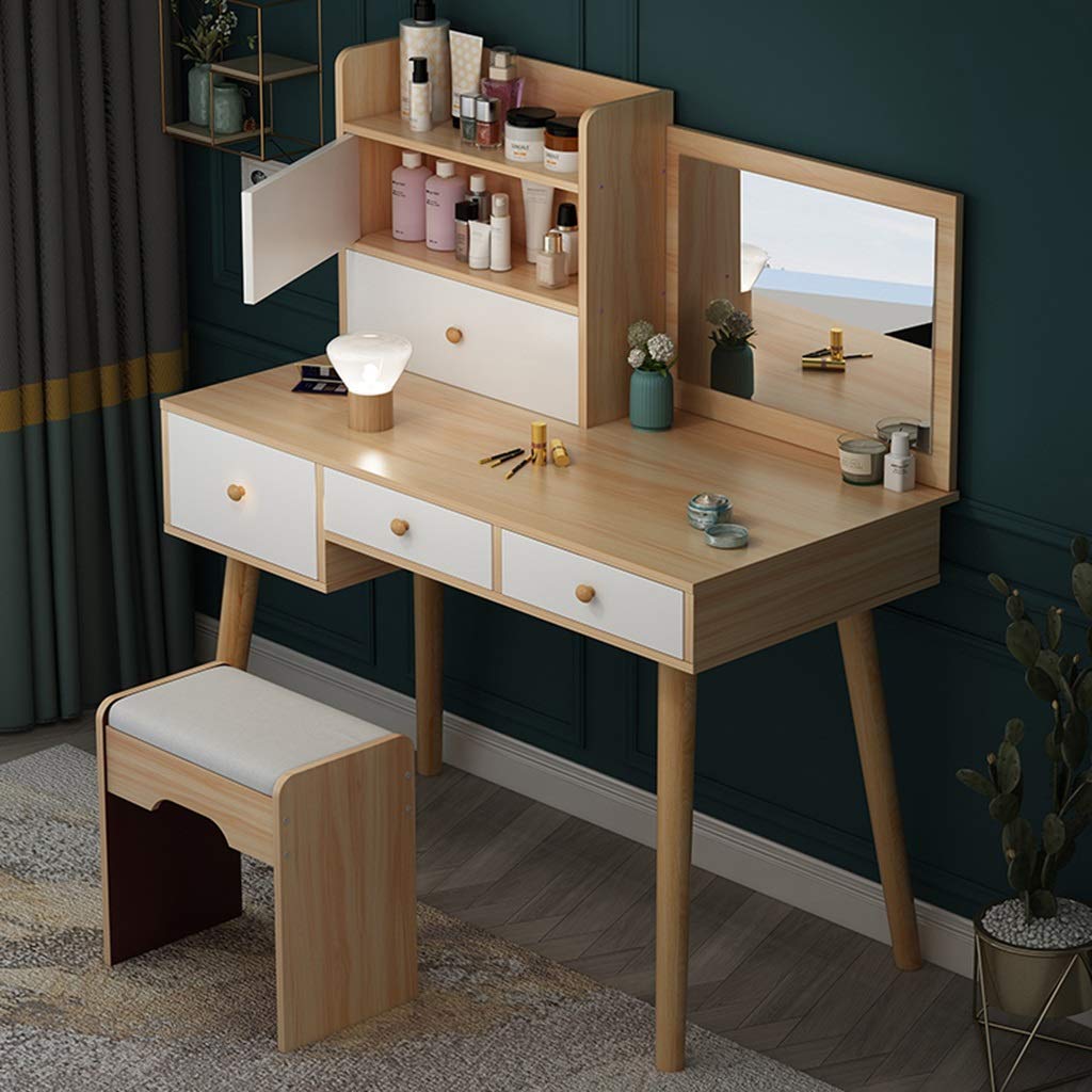 Tocador moderno con espejo MU y taburete acolchado de 90 cm para dormitorio