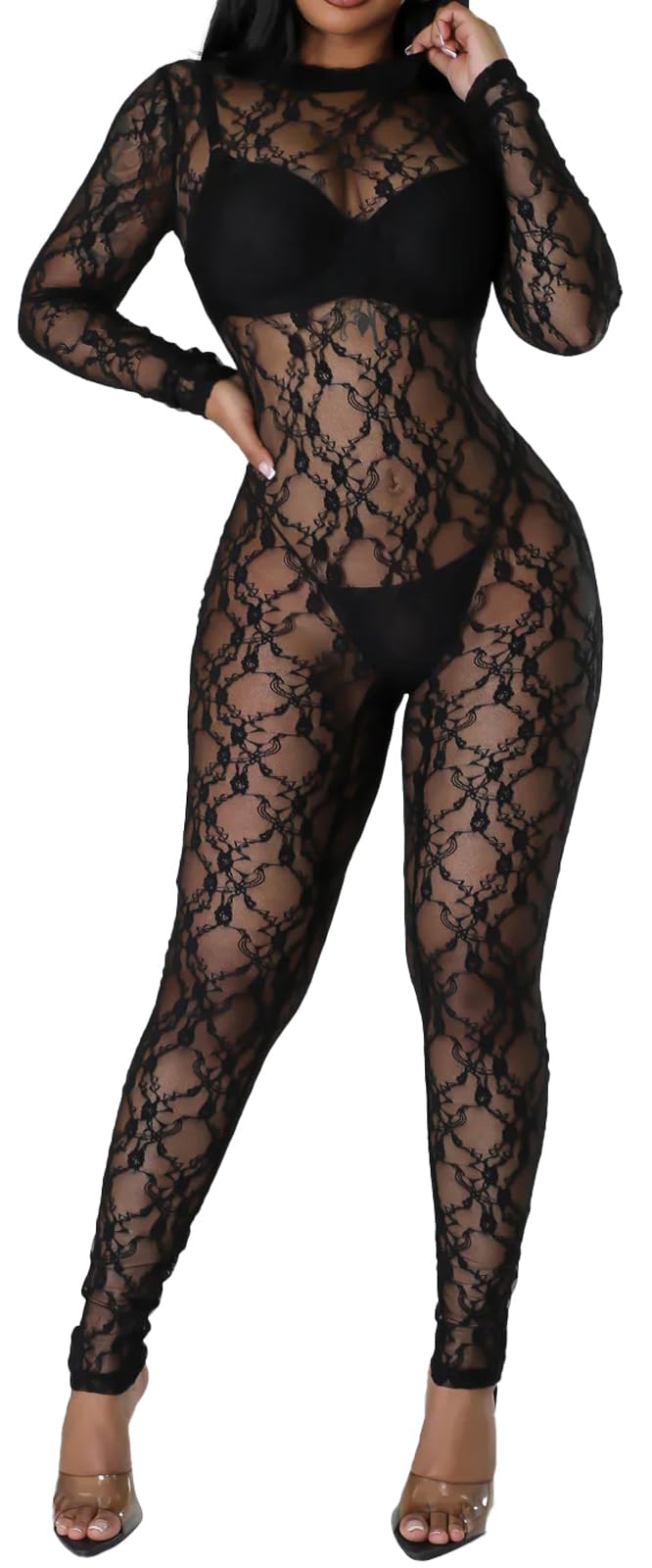 SxClub Clubwear Sexy Jumpsuit for Women Bodycon Long Sleeve See Through Long Skinny Pants for Evening Party