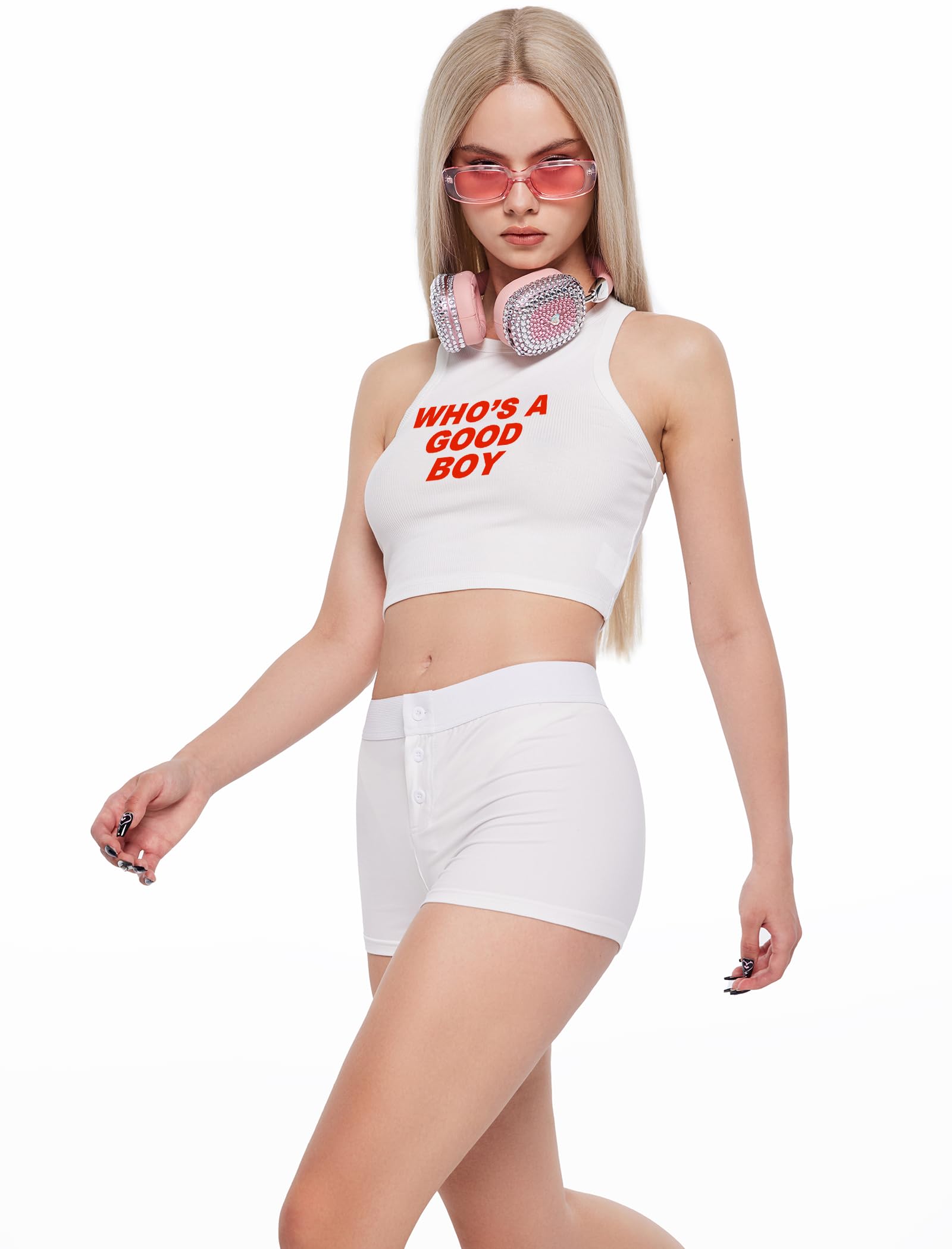 Y2K Crop Tank Top - Who's Sleeveless Round Neck Tight Fit Tank: White Small Short