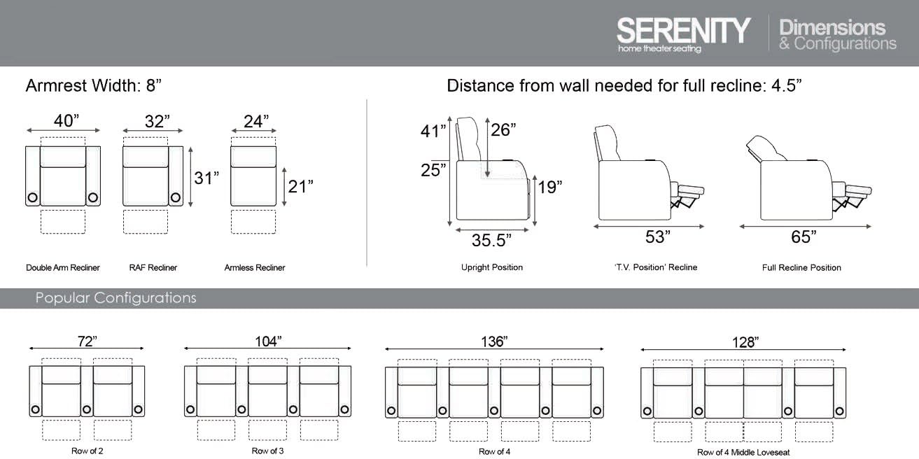 Seatcraft Serenity Leather Home Theater Seating - Power Recline - Tray Tables - in-Arm Storage - Ambient Base Lighting and Lighted Cupholders (Row of 4 Middle Loveseat, Vanilla) : Home & Kitchen