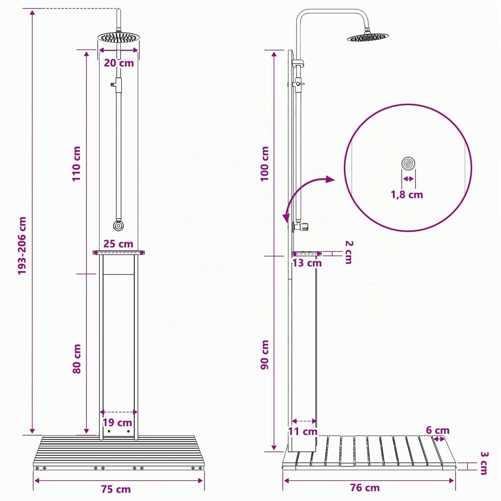 vidaXL Doccia da Esterno 206 cm Legno massello di Pino e Acciaio Inox, Doccia stilosa da Giardino e terrazzo, Resistente agli Agenti atmosferici, Perfetta per Bordo Piscina e Patio