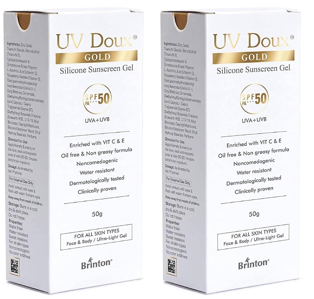 UV Doux Gold Silicone Sunscreen Gel SPF 50 PA+++ | India’s No.1 Dermatologist Recommended Brand | In-vitro, In-Vivo Tested | Vitamin C & E |UVA/UVB protection| Anti-Aging| Benzene-Free| 50 g x 2
