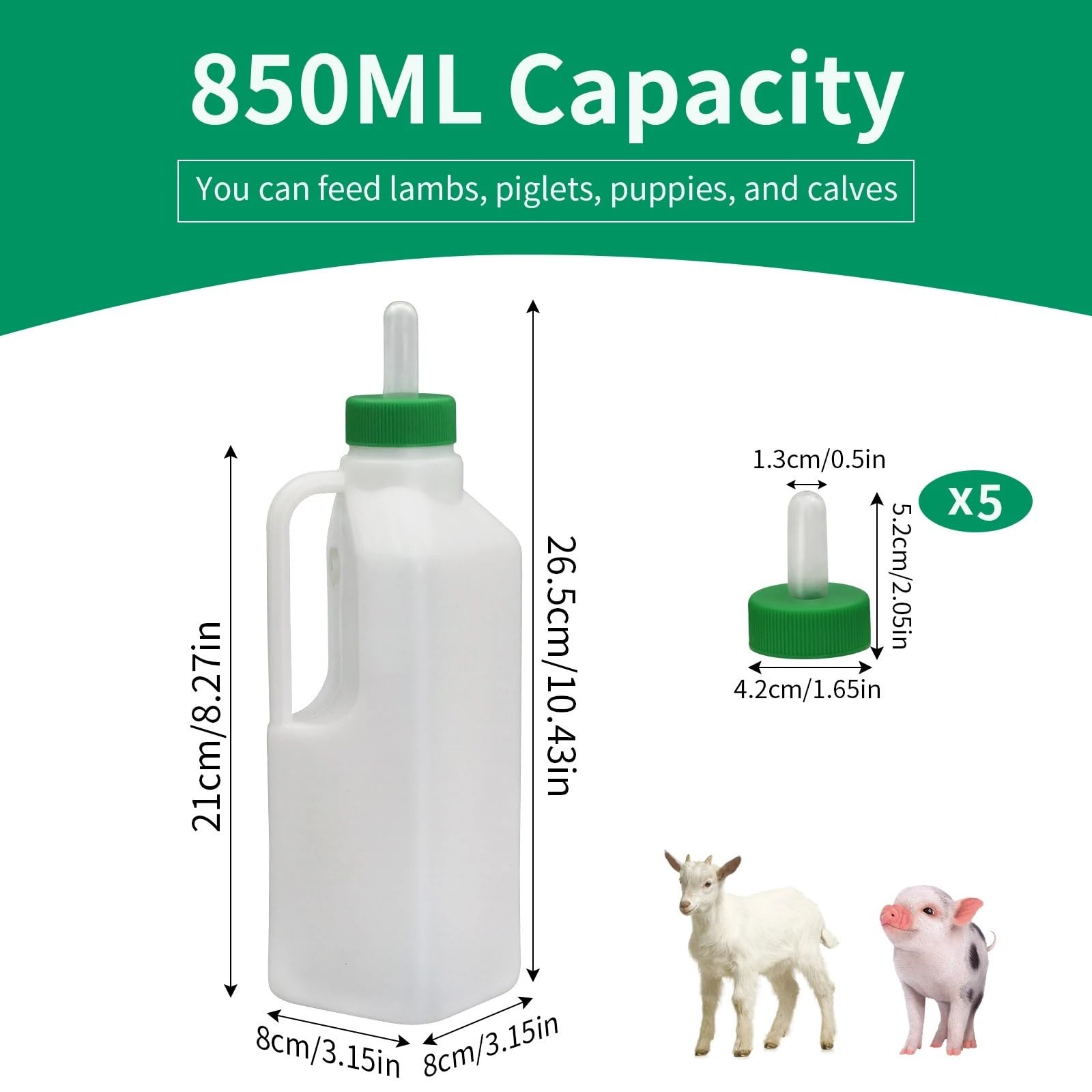 Butelki do karmienia jagniąt, Butelka do karmienia jagnięciny 850 ml z silikonowym smoczkiem, zielona, ​​1/6 sutków dla kozy, cielęcia, psa i świni(Green-1 Set)