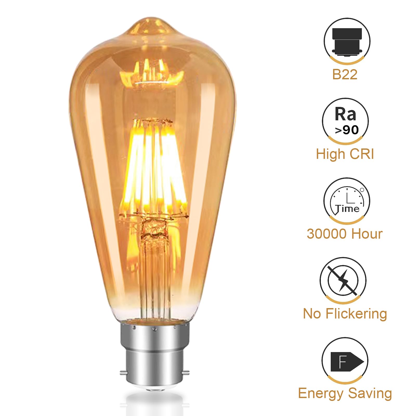 YOUDIAN Vintage Bayonet Light Bulb 6W,60 Watt Equivalent,B22 ST64 2700K Warm White Bulb - Image 3