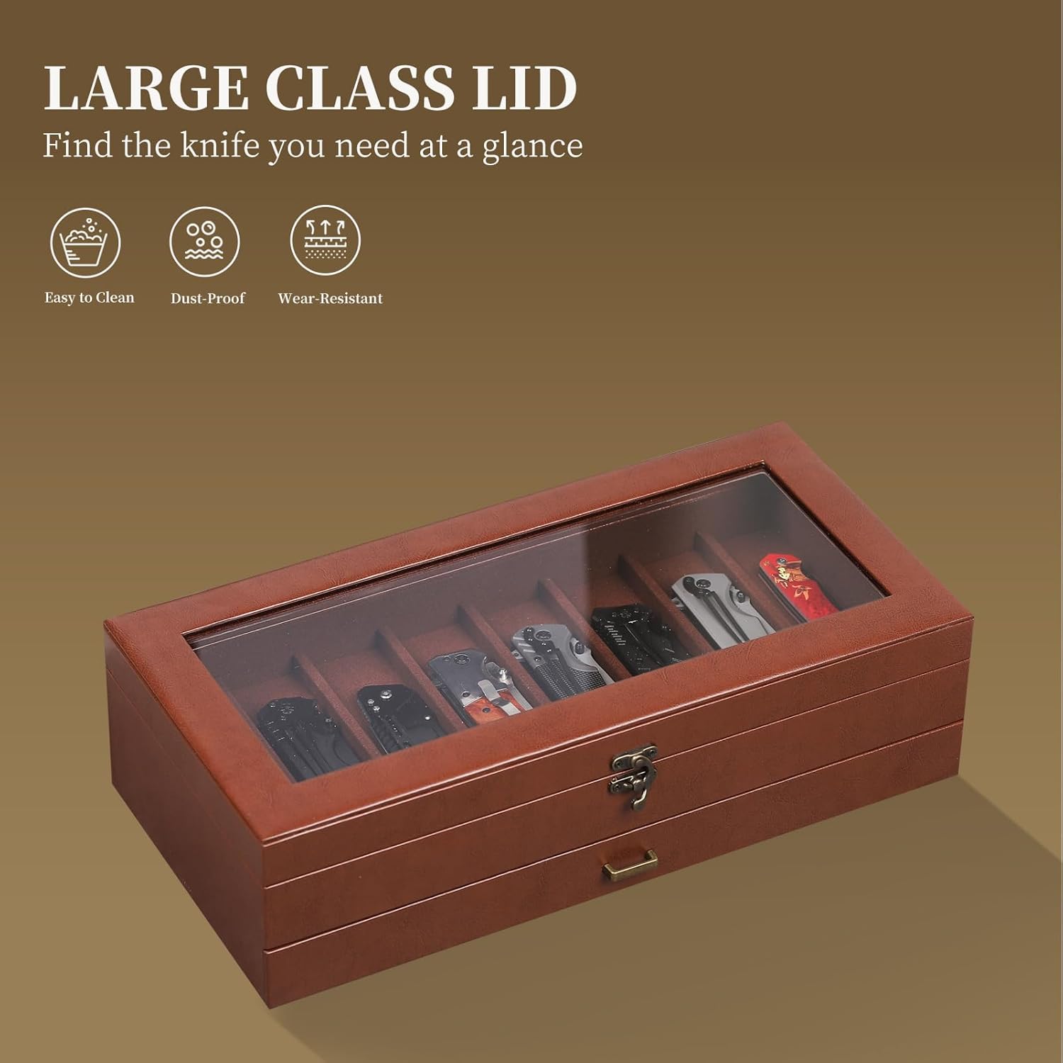 AUTOARK 2-Tier PU Leather & Velvet Knife Organizer with 17 Slots,Transparent Glass Top & Drawer,Compact Storage for Pocket Knives,Perfect for Men's Collections & Gifts,Coffee,MKAW012