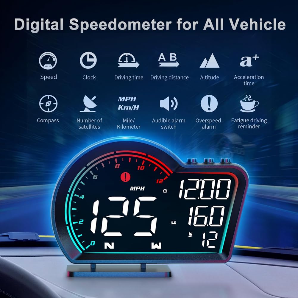 Pteanecay Digital GPS Speedometer Universal Car Component Up Display with Speed MPH Compass Direction Fatigue Driving Reminder, Black, 500707020