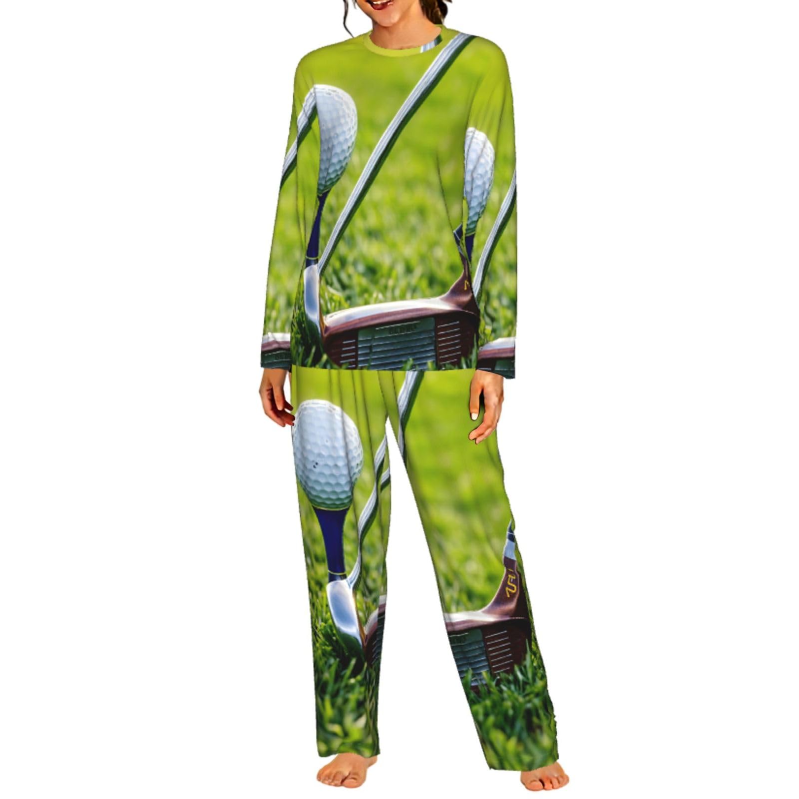 Set pigiama a maniche lunghe da donna con stampa campo da golf morbido lounge elastico leggero comfort pigiameria