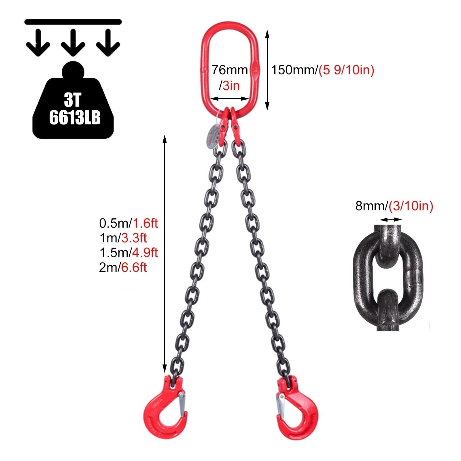 Lifting Chains with Hooks, G80 Mn Steel Lifting Chain 2 Leg 1 3 5 7 Feet, 3 Ton Chain Sling for Lifting Steel & Cargo Security Towing and Handling(Load 3 Ton L 2 M (6.6 FT) 2 Hook)