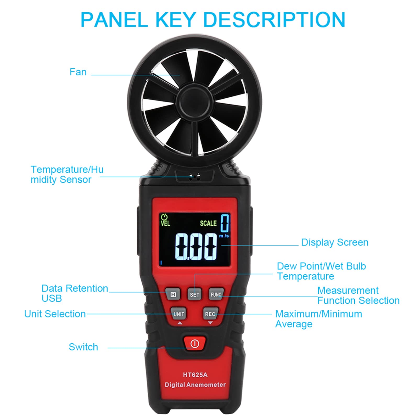 FTVOGUE Anémomètre Portable HT625B, Compteur Numérique de Vitesse du Vent avec écran LCD, Mesure le Volume d'Air et la Température pour les Activités de Plein Air